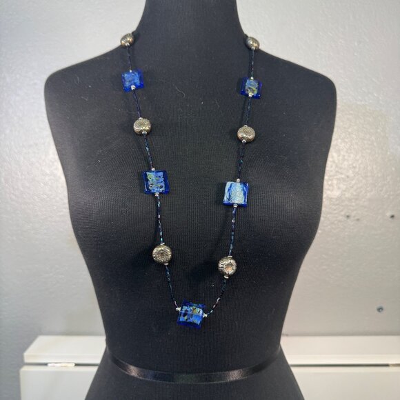 Long Cobalt Blue Glass Beaded Necklace Silver Accents Adjustable Chain - Picture 1 of 3